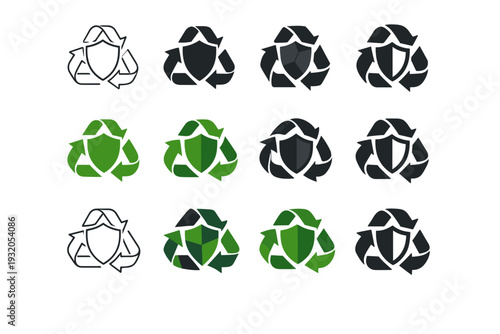Regulations and policies promoting recycling. Icon set. Set Logo of regulations and policies promoting recycling: recycling arrows with shield. harmonious logo