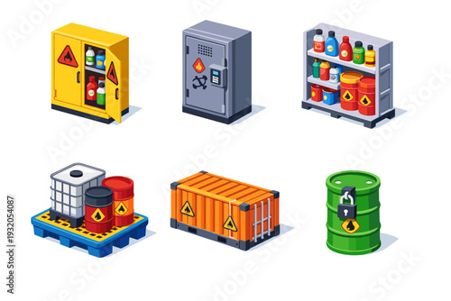 HazardStorage. Isometric flat vector icons set of hazard storage: chemical storage cabinet, secured hazard locker, labeled chemical shelf, spill containment
