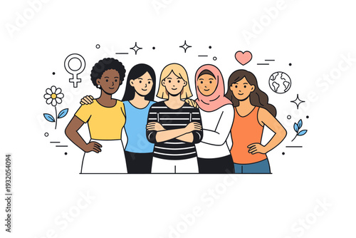 International Women?s Day. Diverse women standing together in a calm confident pose, sense of unity and mutual support. Positive empowerment mood with soft
