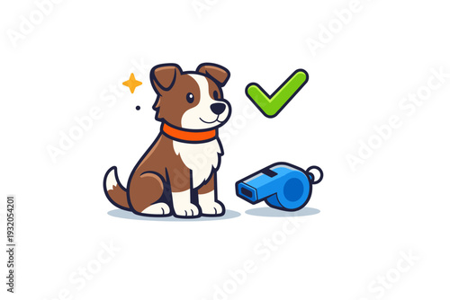 Dog training concept represented by a focused dog sitting upright next to a simple checkmark and whistle, suggesting learning, discipline and