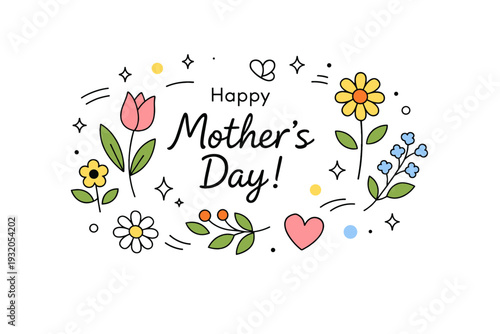 Spring Mother?s Day greeting. A light editorial scene combining flowers, leaves and a small ?Happy Mother?s Day? message. Seasonal freshness, kindness and