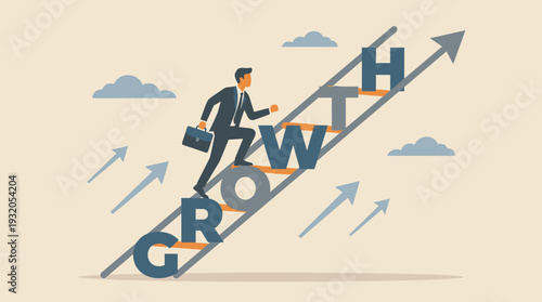 Businessman in a suit climbing a ladder made of the word growth, representing career advancement, professional development, corporate success, and ambition in a minimalist vector illustration.