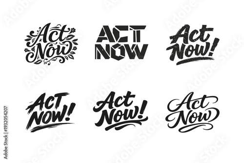 Act Now. Set lettering. harmonious lettering variations of the same emblematic concept, each with different artistic interpretation (Decorative floral or leafy