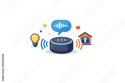 Smart home gadgets showing voice assistant interaction where a small speaker and sound waves symbolize hands-free control and seamless technology. Minimalist