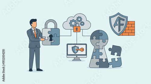 Businessman holding a jigsaw puzzle padlock connected to cloud computing and computer network security systems with antivirus firewall protection for cyber data safety and business solutions.