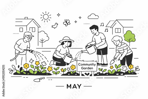 Urban gardening in May. Residents watering flower beds along a residential street, fresh sprouts and bright leaves creating a sense of renewal and community