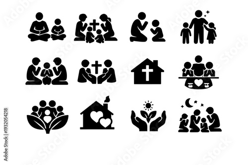 Family Spiritual Life. Solid icon set of Family Spiritual Life: family meditation, family worship, teaching children prayer, spiritual guidance, family unity