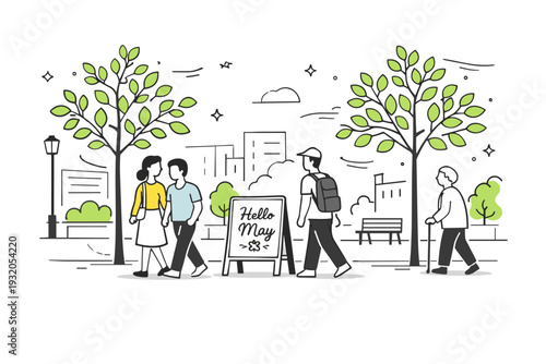 May greenery in urban streets. Young trees with fresh leaves lining a quiet city sidewalk, soft sunlight and pedestrians enjoying a calm spring walk, light