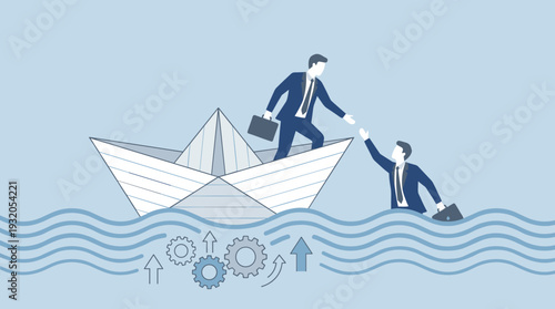 Businessman on a Paper Boat in the Ocean Reaching Out to Help a Drowning Colleague, Business Teamwork and Support Concept, Leadership, Cooperation, Mentorship, and Partnership Vector Illustration.