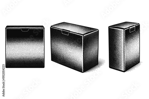 Product cardboard box ? standard retail packaging box. A realistic cardboard product box shown as a single object in three different views including front