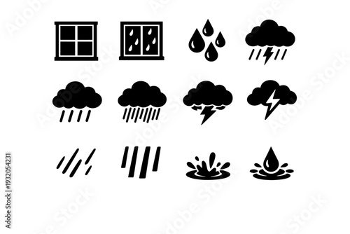Watching the rain from the window. Solid icon set of Watching the rain from the window: window frame, window glass, rain droplets on glass, rain streaks,