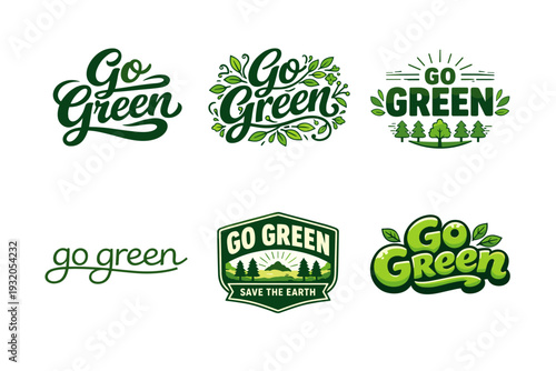 Go Green. Set lettering. harmonious lettering variations of the same emblematic concept, each with different artistic interpretation (Bold hand-lettering with