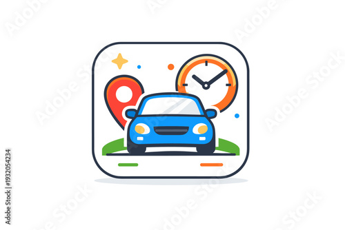Car sharing concept captured as a clean dashboard style badge with a car, location pin, and clock symbol, communicating availability, timing, and smart