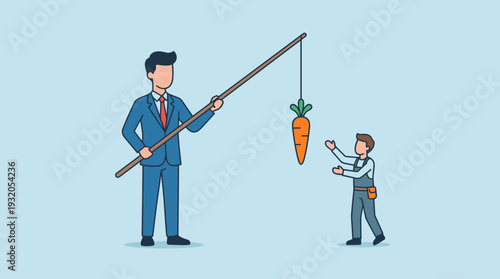 Businessman Holding a Carrot on a Stick to Motivate a Worker, Metaphor for Management Incentives, Employee Motivation, Corporate Leadership, and Personnel Reward System Vector Illustration