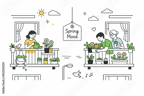 Balcony plants overlooking the street. Urban apartment facade with residents arranging pots of greenery and flowers, friendly interaction and fresh seasonal