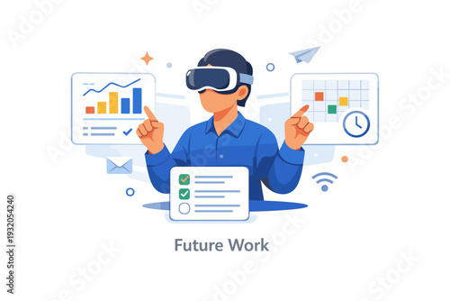 Immersive remote office professional avatar wearing VR headset interacting with floating dashboard panels and calendar elements, highlighting productivity