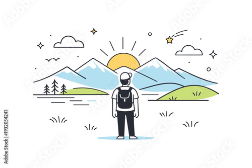 Nature appreciation. A person looking at mountains and sun on the horizon, standing calmly in an open landscape. The illustration conveys freedom, balance, and