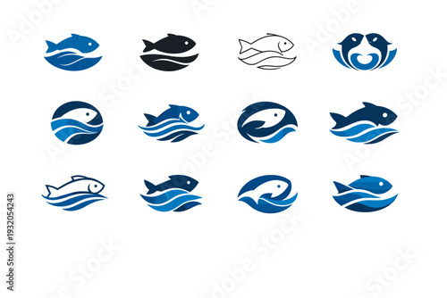 Sustainable fishing practices. Icon set. Set Logo of Sustainable fishing practices: ocean wave and fish. harmonious logo variations of the same emblematic