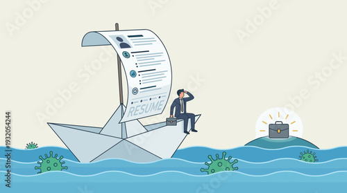 Businessman on a paper boat with a resume sail navigating through virus-infested waters toward a job opportunity on an island, metaphor for job hunting during a global pandemic or economic crisis.
