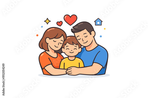 Family love expressed through a warm scene of parents and child standing close together with gentle heart accents, conveying safety trust and emotional