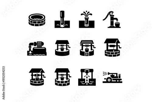 Water Well Types. Solid icon set of Water Well Types: dug well, drilled well, artesian well, hand pump well, motor pump well, shallow well, deep well, rural
