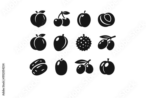 Stone fruits. Solid icon set of Stone fruits: peach, cherry, plum, apricot, nectarine, mango, lychee, olive, date, jujube, sloe, mirabelle plum. Filled icons