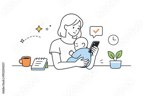 Modern motherhood concept. A minimal scene with a mom holding a baby while checking simple notes or a phone nearby. Balance between care and daily life, shown