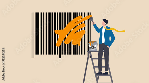 Businessman on a ladder painting over a barcode with orange paint from a can labeled New Identity, symbolizing corporate rebranding, marketing strategy, business transformation, and evolution.