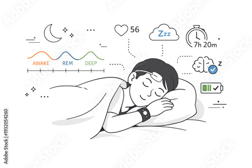 Sleep monitoring systems. Calm editorial scene of a person sleeping peacefully while digital sensors and soft data icons track sleep stages in the background,