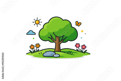 Spring meadow relaxation scene featuring a single tree surrounded by soft grass and small blossoms, suggesting rest, balance and connection to