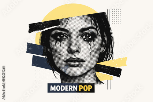 Black and white close-up of an emotional female face with visible tears and expressive eyes, halftone texture across the skin, large pastel yellow circle