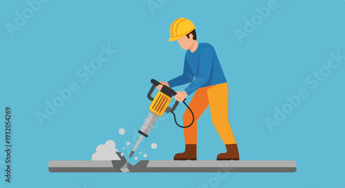 A construction worker in a hard hat and work clothes uses a jackhammer to break up a concrete surface or pipe, creating debris.
