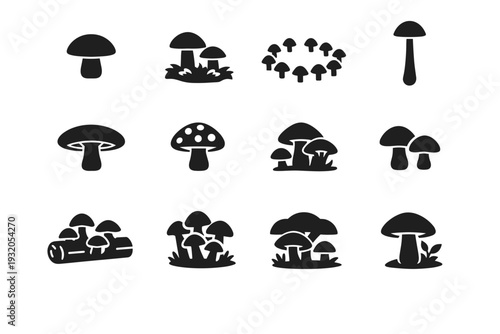 Wild Mushrooms. Solid icon set of Wild Mushrooms: forest mushroom, moss mushroom, fairy ring mushroom, tall stem mushroom, wide cap mushroom, spotted mushroom,