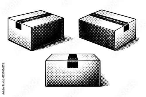 Shipping box ? sealed cardboard box with packing tape across the top and crisp rectangular geometry. Black and white dot style with halftone texture and high