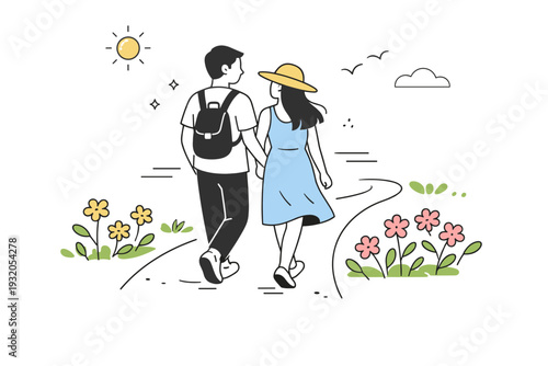 Sunny spring day walk. A couple strolling together along a path with blooming flowers and fresh greenery, showing peaceful connection and slow movement. Soft