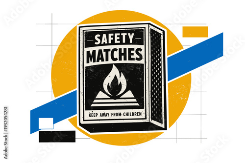 A black and white vintage matchbox package enlarged as central object, surrounded by mustard yellow circle and sharp blue diagonal stripe, thin grid lines and