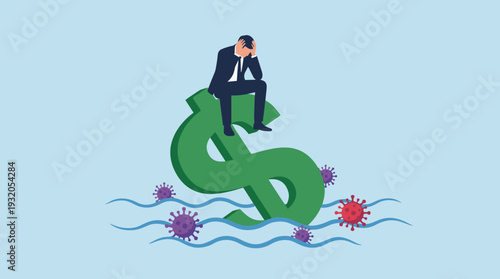 Depressed businessman sitting on a large green dollar sign sinking into the sea with virus pathogens, symbolizing financial crisis, economic recession, and market failure during a global pandemic.