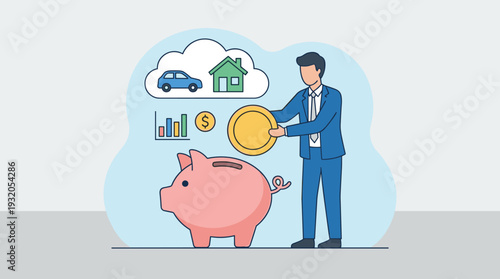 Businessman Putting Gold Coin into Piggy Bank for Future Goals like Buying a House and Car, Financial Planning, Wealth Management, Savings and Investment Strategy Concept Vector Illustration