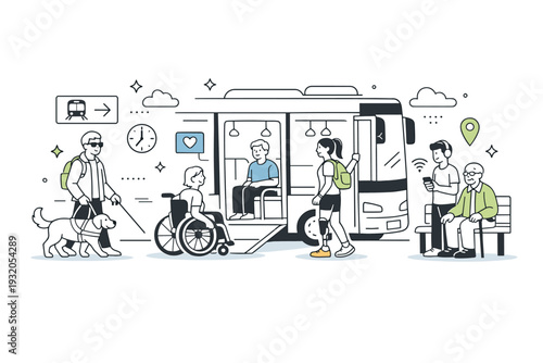 Accessible public transport. People with different abilities using modern transport infrastructure comfortably. Inclusivity, ease of access, supportive design.