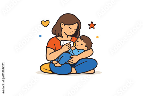 Motherhood focused on daily nurturing moments with a mother feeding or comforting a child, reflecting patience, presence, and loving routine. Minimalist flat
