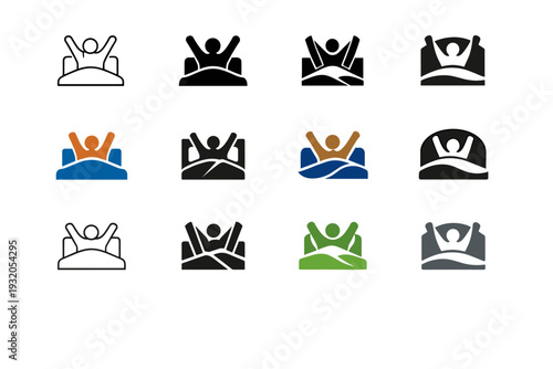 Stretching in bed. Icon set. Set Logo of Stretching in bed: person stretching under blanket. harmonious logo variations of the same emblematic concept, each