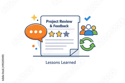 Project review and feedback final report document with star rating and speech bubble icon, expressing evaluation of outcomes, stakeholder input and continuous