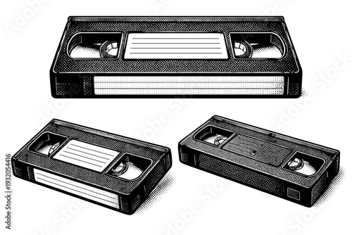 VHS tape ? blank VHS cassette with writable spine label and minimalist industrial design. Black and white dot style with halftone texture and high contrast.
