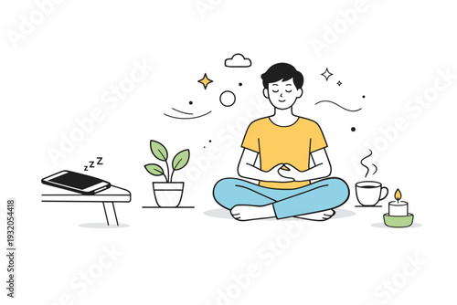 Digital detox moment. A clean editorial scene with a phone set aside while a person relaxes or focuses on themselves, symbolizing healthy boundaries. Calm