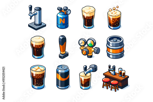 Nitro Cold Brew. Colorful isometric vector icons set of Nitro Cold Brew: nitro tap, nitrogen tank, creamy foam head, cascading bubbles, stout glass, draft