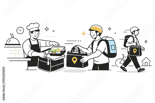 Food delivery workflow. A packaged meal placed into a delivery bag, smooth handoff between kitchen staff and courier, sense of speed and