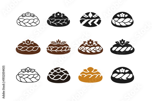 karavai. Icon set. Set Logo of karavai: traditional round bread. harmonious logo variations of the same emblematic concept, each with different artistic