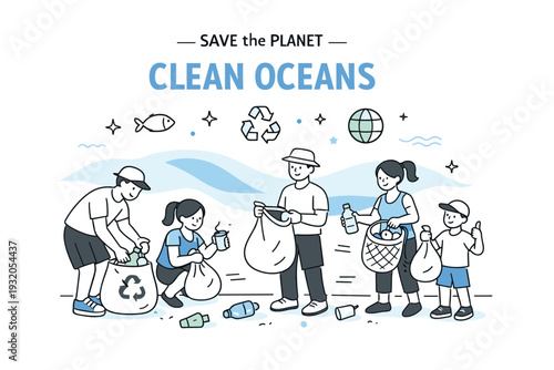 Save the planet clean oceans. People collecting plastic waste near water with a friendly, cooperative attitude. Simple environmental action with light abstract