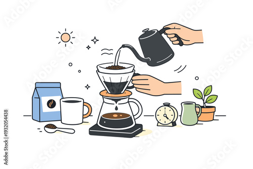 Morning coffee preparation. A tidy editorial scene showing hands brewing coffee with a simple coffee maker or pour-over, conveying focus and mindful routine.