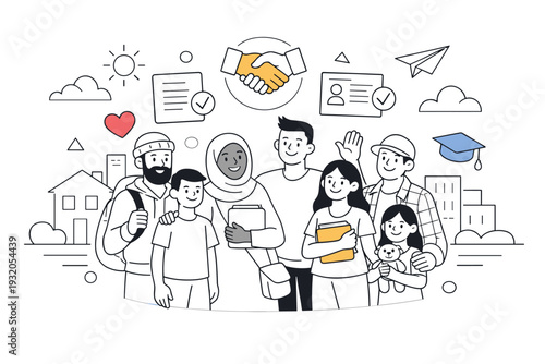 Refugee integration. Diverse group standing together, documents and checkmarks floating above, abstract buildings forming a safe backdrop. Sense of inclusion,